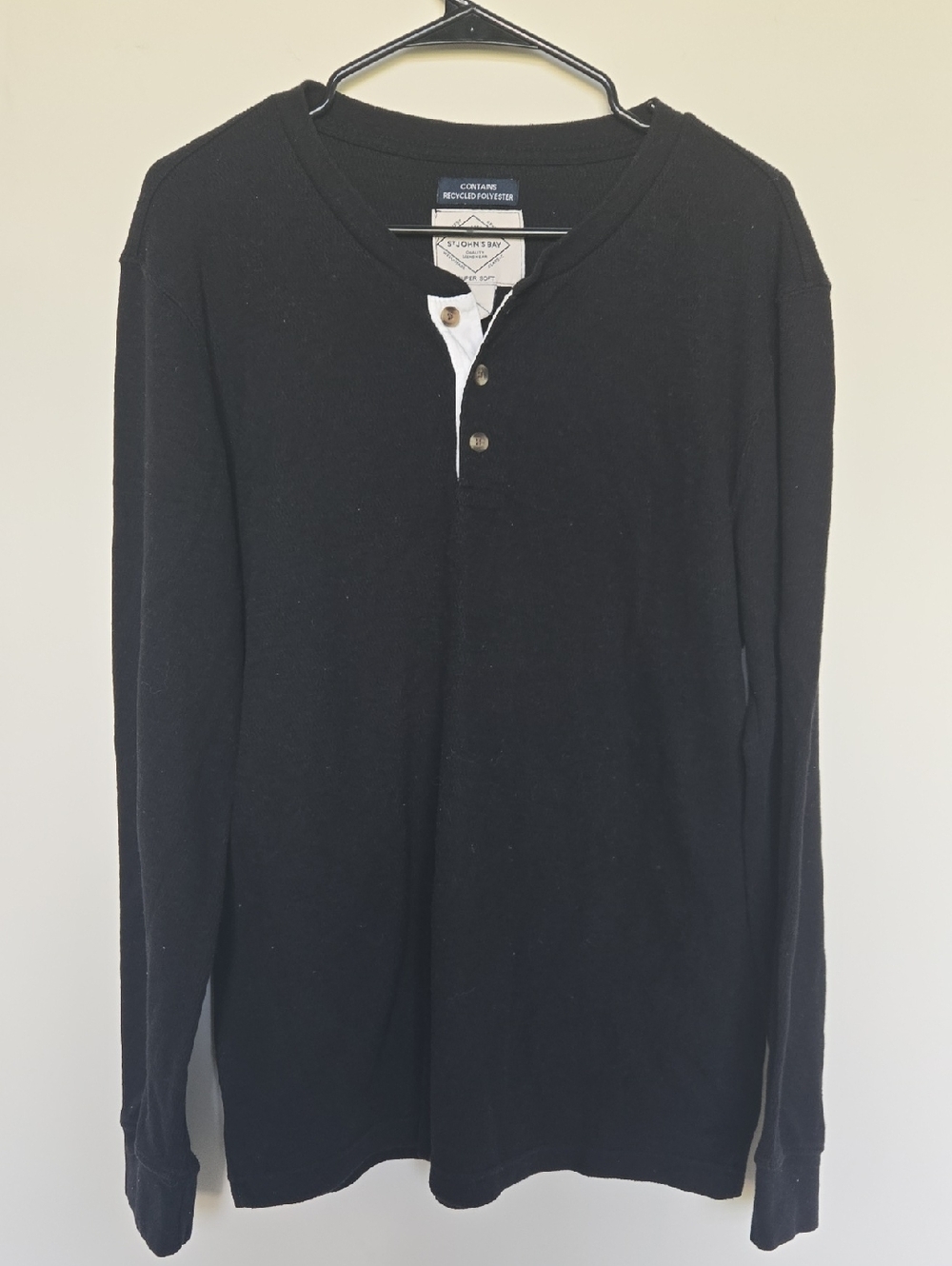 St. John's Bay Black Long-Sleeve Henley with White Contrast Placket
